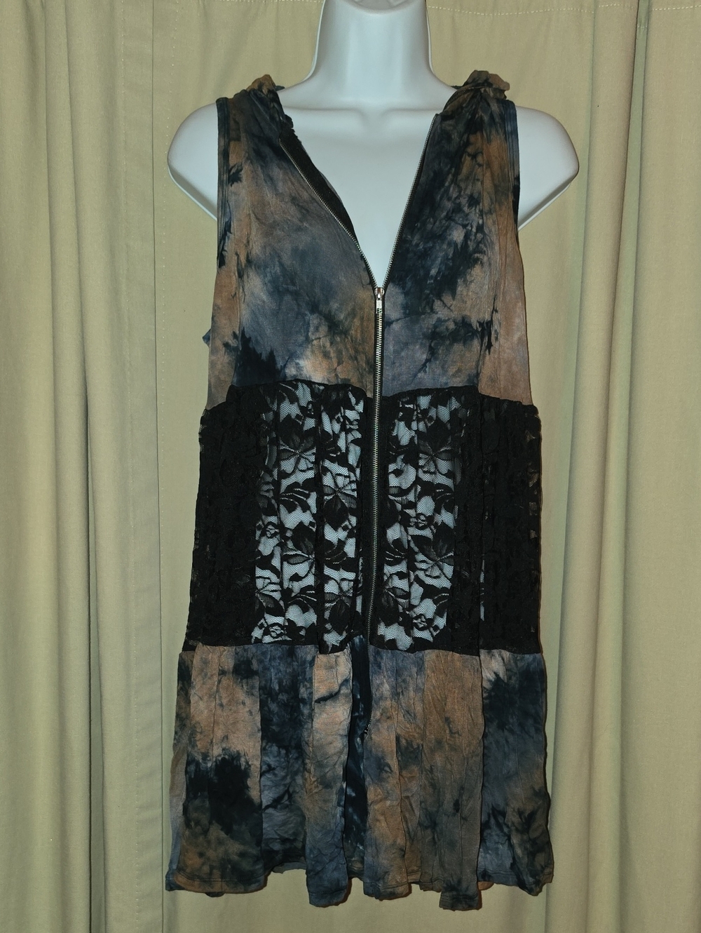 Vocal Black and Brown Navy Tie-Dye Hooded Lace-Panel Tunic Vest